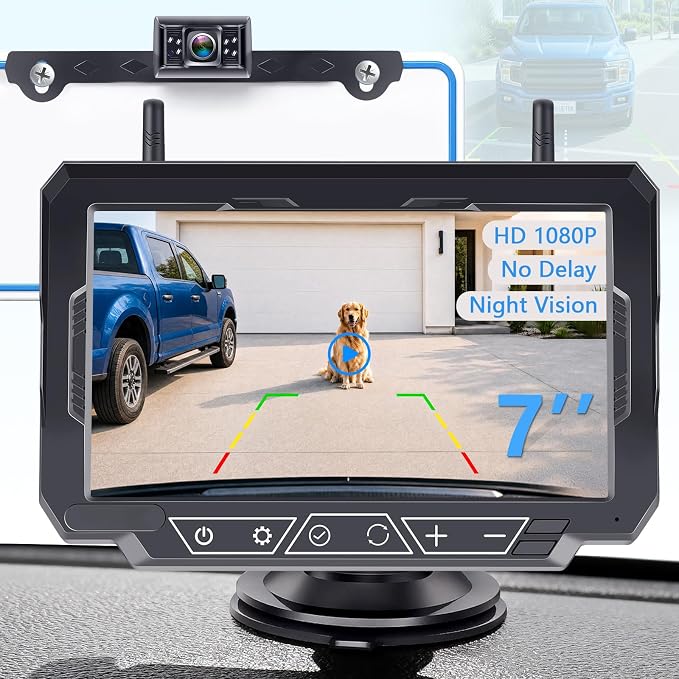 1080P HD 7-Inch Wireless Backup Camera: 15-Min Easy Install Plug & Play - Continuous Loop Recording with One-Button Playback Rear View Camera for Truck Pickup Car SUV Parking Safety Towing Assistance