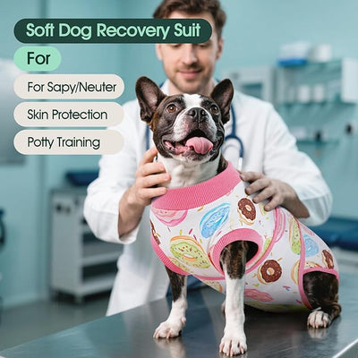 Kuoser Dog Surgery Recovery Suit, Soft Breathable Dog Recovery Suit for Female Spay Male Nueuter, Anti Licking Puppy Onesie Pet Surgical Suit for Dogs Abdominal Wounds Skin Disease, Donut XS