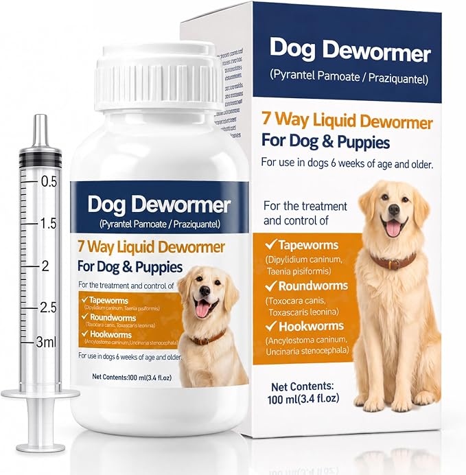 Dewormer for Dogs, 7-Way Dog Wormer Liquid with Pyrantel Pamoate & Praziquantel, Broad Spectrum Worm Support for Tapeworms, Roundworms & Hookworms, 100ml