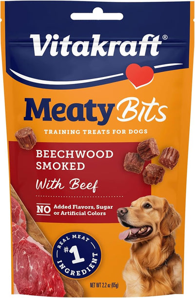 Vitakraft MeatyBits Beef, Training Treats for Dogs, Naturally Smoked, Real Meat #1 Ingredient, No Added Sugar, No Artificial Flavors or Colors, Soft Dog Treats, Bag, 2.2 oz, 4 Count