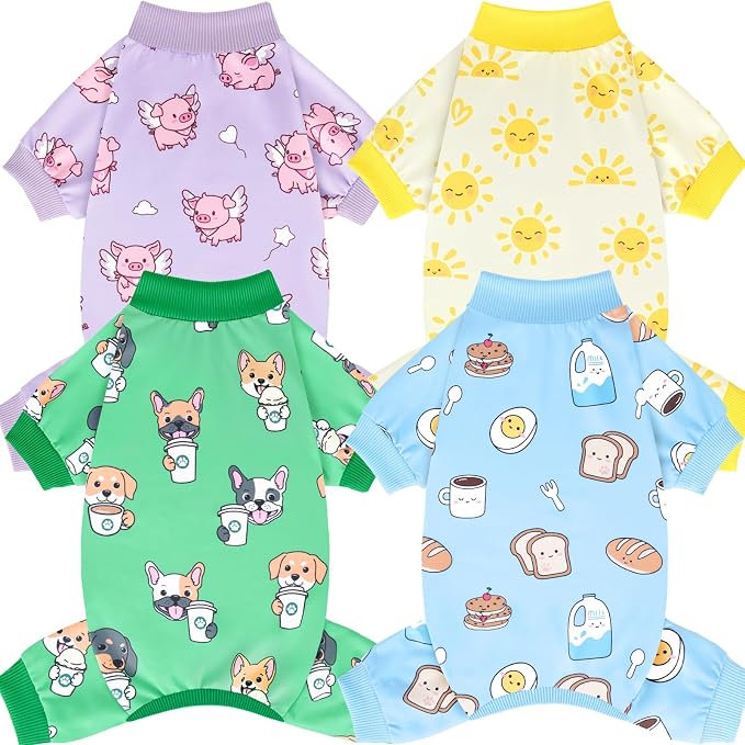 XPUDAC 4 Pack Small Dog Pajamas, Soft Comfy Dog Onesie Pjs, Cute Puppy Clothes Lightweight Pet Outfit Stretchy Pet Clothes for Boy Girl, L
