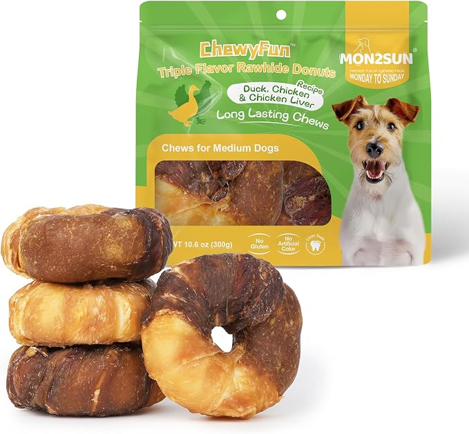 MON2SUN 3-3.5 Inch Duck, Chicken and Chicken Liver Wrapped Rawhide Donuts Dog Treats, Long Lasting Chew Treats for Medium & Large Dogs, 10.6 oz (4 Count)