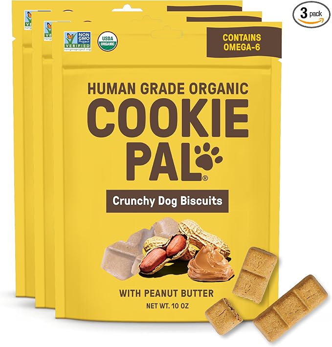CookiePal Dog Treats, Crunchy Peanut Butter Puppy Training Treats, Human Grade USDA Organic, Natural Dog Biscuits, 10oz (Pk of 3)