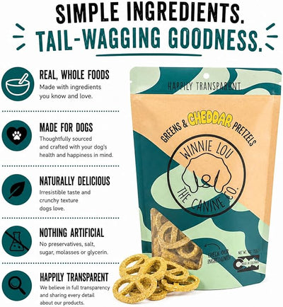 Winnie Lou Organic Dog Treats – Natural Dog Biscuits, USA Made, Organic Ingredients, Clean, Sensative Stomach, All Breed Sizes, High Protein, Hypoallergenic, Greens & Cheddar Pretzels (Pack of 2)