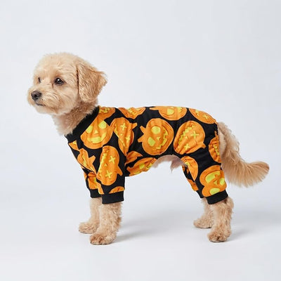 Fitwarm Halloween Pumpkin Dog Pajamas, Funny Dog Winter Clothes for Small Dogs Girl Boy, Pet Jumpsuit, Cat Halloween Costumes with Feet, Lightweight Velvet, Black, Orange, XXL