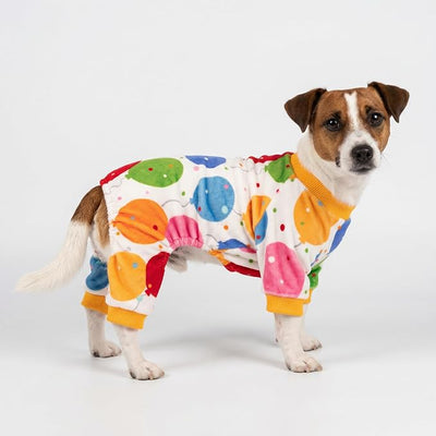Fitwarm Balloon Dog Fleece Pajamas, Birthday Outfit for Small Dogs Boy Girl, Cozy Pet Onesie with Feet, White, Yellow, Red, Blue, Green, XL