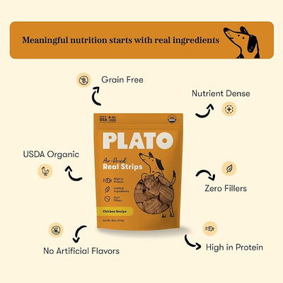 Plato Real Strips Organic Chicken Recipe Dog Treats, Air-Dried USDA Organic High-Protein Soft Strips, 18 oz