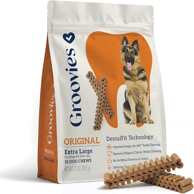 Groovies Dog Dental Treats, Flexible Yet Effective, Patented DentalFit Technology to Help Control Tartar & Freshen Breath, XLarge Dog Chews (50-100+ lbs), USA Manufactured Oral Care, 18 Count