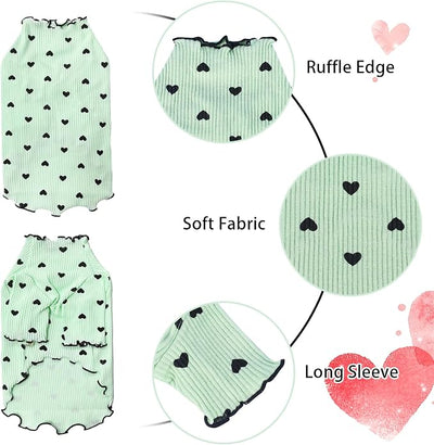 Pet Clothes for Small Dogs Cat Summer Fall Heart Print Shirt Stretchable Ruffle Long Sleeve Outfits for Chihuahua Schnauzer Shih Tzu Yorkie (Green, Large)