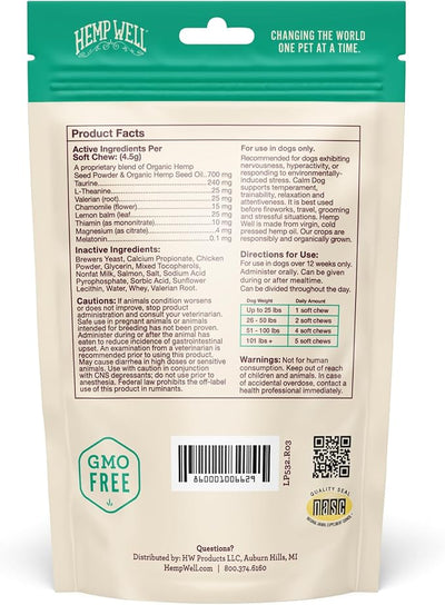 Organically Sourced Hemp Well Calm Dog Soft Chews - Anxiety Relief Treats for Dogs, Helps with Separation Anxiety and Travel, Melatonin and Hemp Dog Calming Chews (1 Pack (30 Chews))
