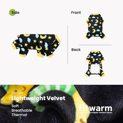 Fitwarm Moon and Stars Dog Fleece Pajamas, Cozy Winter Clothes for Small Dogs Boy Girl, Funny Pet Outfit, Black, Yellow, XL