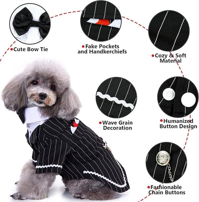 QBLEEV Dog Tuxedo Suit with Bow Tie, Formal Black & White Striped Dog Costume Outfit, Doggy Tux Prince Dress for Wedding Party Birthday Holiday, Elegant Dogs Attire for Golden Retriever Husky Border