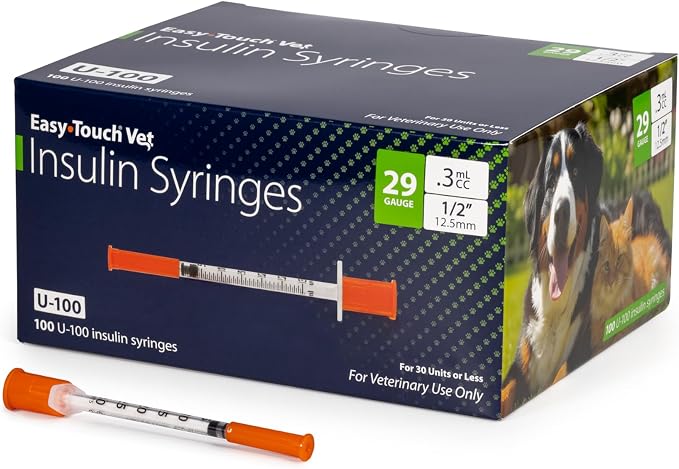 Easy Touch U-100 Pet Insulin Syringes for Dogs & Cats – 29G 0.3cc 1/2" Needle, Half-Unit Markings for Precise Dosing, Compatible with U-100 Insulin, Box of 100