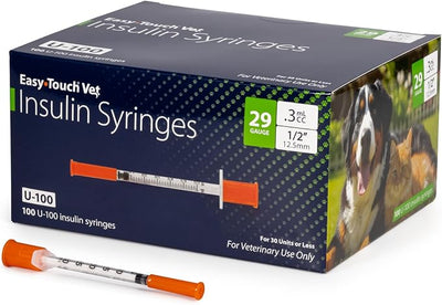 Easy Touch U-100 Pet Insulin Syringes for Dogs & Cats – 29G 0.3cc 1/2" Needle, Half-Unit Markings for Precise Dosing, Compatible with U-100 Insulin, Box of 100