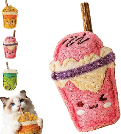 Natural Loofah Chew Cat Toys Janpanese Style, Dental Care Silvervine Sticks for Indoor Cats and Kittens, Milk Tea Cup-Shaped Catnip Treat Toys (Pink)