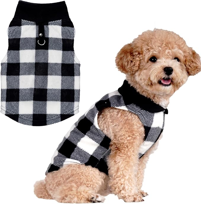 Rbenxia 1 PC Plaid Dog Sweaters with Leash Ring Soft Fleece Vest Dogs Pullover Warm Jacket Pet Dogs Clothes Winter Dog Outfits for Small Puppy Cat Pets (Black and White, Small)