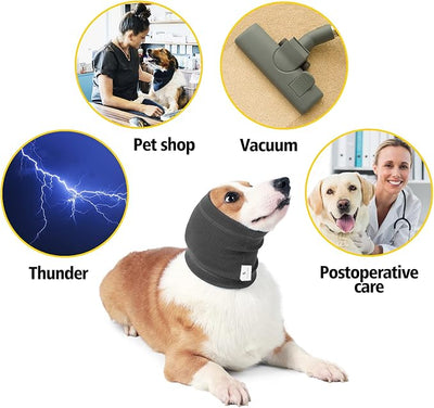 Dog Head Wrap - No Shake Quiet Ears for Dogs Anxiety Relief, Original Ear Covers Pet Calming Hoodie for Thunder, Lightning, Fireworks, Vet Visits, Grooming, High Stretch Ribbed Fabric, Grey L