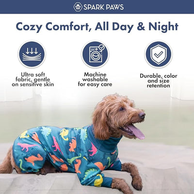 Spark Paws Dog Pajama, Dog Recovery Suit Male, Onesie, Ultra-Soft and 4-Way Stretch, for Small Medium and Large Breeds - Dinosaurs - 5XL