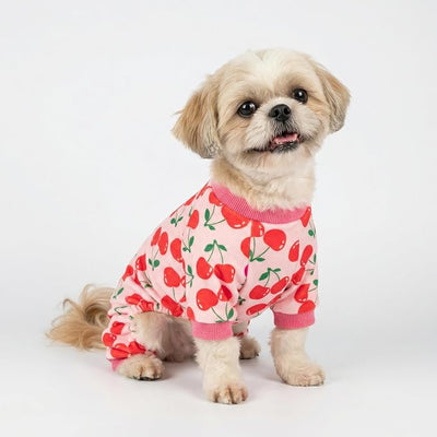 Fitwarm Cute Cherry Dog Pajamas, Warm Dog Onesie with Feet, Dog Clothes for Small Dogs Girl, Fleece Pet Outfit, Pink, Red, XL