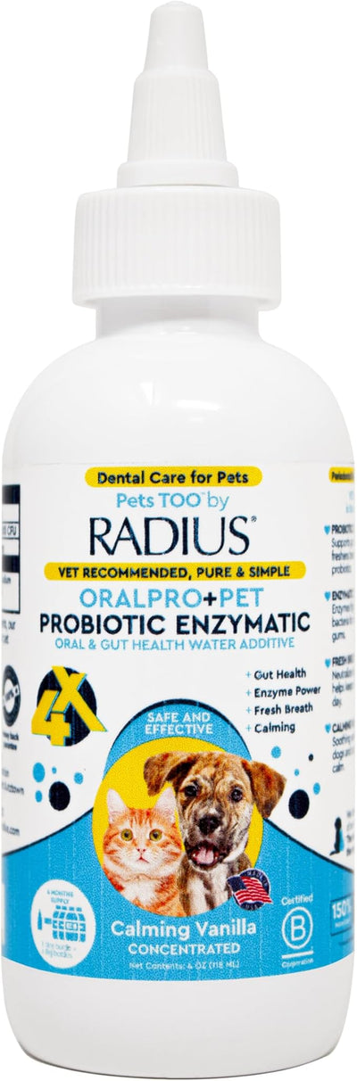 RADIUS OralPro+ Pet Probiotic Enzymatic Water Additive - Dog and Cat Dental Care Solution - Plaque & Tartar Defense Meal Supplement - Fresh Breath & Gut Health - Calming Vanilla, 4 Oz (Pack of1)