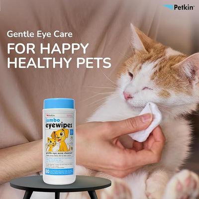 Petkin Jumbo Pet Eye Wipes, 80 Extra Moist Wipes - Gentle Eye Cleansing Wipes Remove Dirt, Discharge, & Tear Stains - Safe, Convenient, & Easy to Use Pet Wipes for Dogs, Cats, Puppies & Kittens