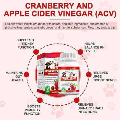 Cranberry for Dogs, 180P Cranberry Urinary Tablets for Dogs - Supports Bladder Infection, Urinary Tract, Bladder Stone & Dog UTI, Pet Supplement Treats for Dogs, Chicken Flavor - 180P Chewable Tablets