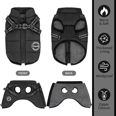 Warm Dog Winter Coat, Windproof Cold Weather Jacket, Reflective & Adjustable Black Pet Vest with Harness, Thick Polar Fleece Lining Cozy Apparel for Small Medium Dogs & Cats