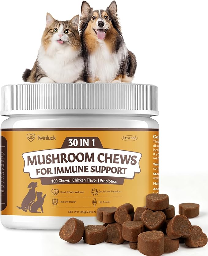 Turkey Tail Mushroom Chews for Dogs & Cats, 100 Chews, 7 Mushroom Blend with 6 Probiotic Strains, Daily Immune and Digestive Support