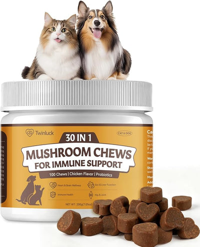 Turkey Tail Mushroom Chews for Dogs & Cats, 100 Chews, 7 Mushroom Blend with 6 Probiotic Strains, Daily Immune and Digestive Support