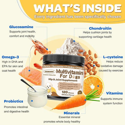 Dog Multivitamin with Probiotics - Dog Vitamins and Supplements - Multivitamin for Dogs with Glucosamine, Omega 3 and Probiotics for Dogs Digestive Health, Immunity, Joint, Hip, Skin and Coat