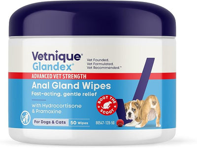 Vetnique Glandex Medicated Anal Gland Anti Itch Dog Butt Wipes Skin Relief to Soothe Scooting, Itching & Inflamed Glands, Hydrocortisone & Pramoxine Soft Cotton Wipes (50ct Wipes)