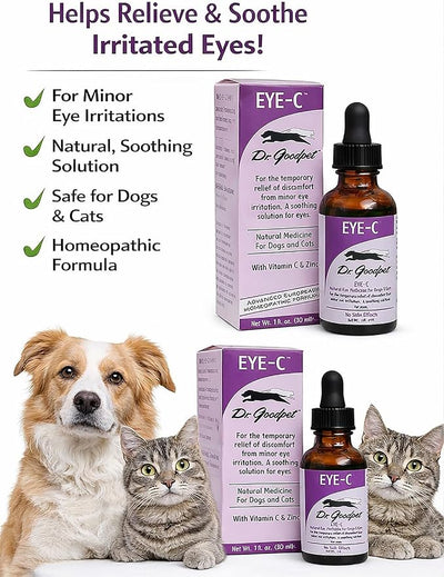 Dr. Goodpet Eye-C All-Natural Eye Drops for Dogs, Cats | Human Quality Zinc & Vitamin C | Veterinarian Recommended Eye Care | Soothe, Wash, and Moisturize Pet Eyes | Made in the USA