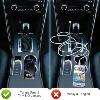 Coiled Car Carplay Charger Fast Charging，[1-Pack, 3Ft] Retractable Braid USB A to USB C Cable for iPhone 17/16/15/Plus/Pro Max/MacBook Pro, Type-C Cord,Black