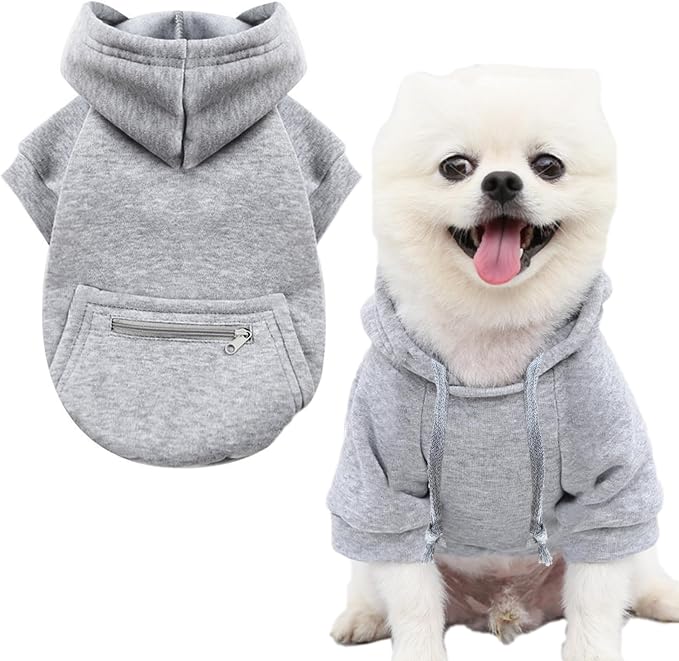 Jecikelon Dog Hoodies for Small Dogs with Zipper Pocket, Soft Fleece Puppy Clothes with Rope Hat, Warm Winter Outfits Cold Weather Coats, Cute Sweatshirt Chihuahua Costume (XX-Small, Y02-Grey)
