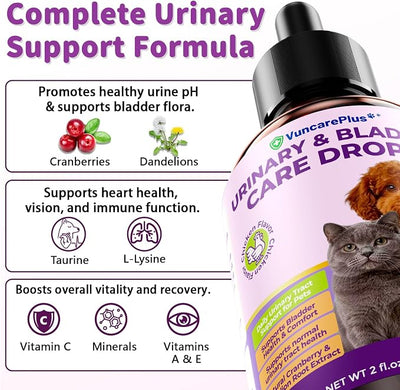Cat & Dog Urinary Tract Support Drops, Cranberry Supplement for Dogs & Cats, Bladder & Kidney Health Liquid with Dandelion, Turmeric, L-Lysine, Taurine & Vitamins, Chicken Flavor, 2 fl oz