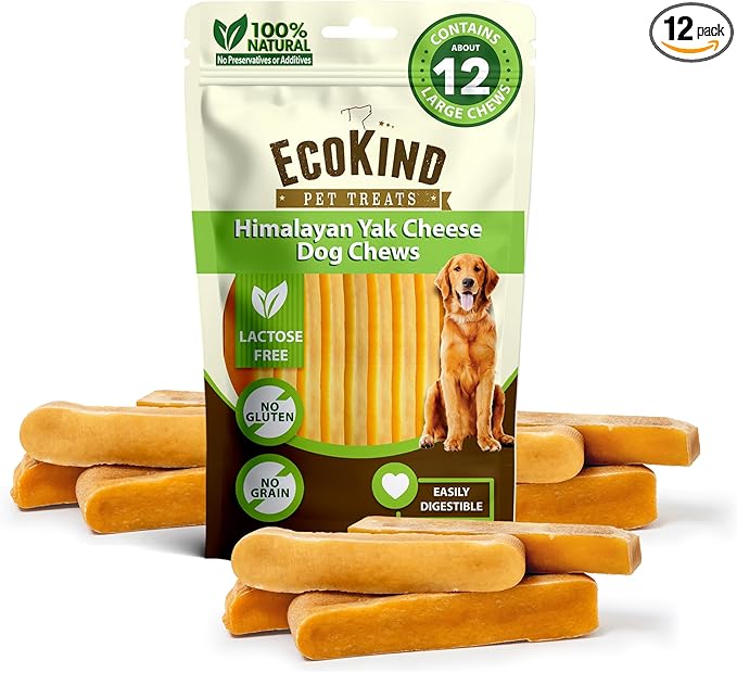 EcoKind Yak Cheese Himalayan Dog Chews, Yak Chews for Large Dogs, Long Lasting Bone for Aggressive Chewers, Only 3 Ingredients, Natural High Protein Dog Treats, No Additives, Large - 12+ Chews (3 lbs)