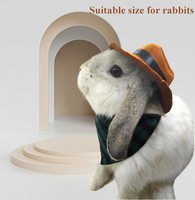 Cute Rabbit Cowboys Hat and Scarf Set, Funny Rabbits Pet Cowboy's Hat Scarf Outfits, Rabbits Dog Cat Pets Halloween Costume Hats Clothes Bunny Stuff Gifts Supplies Accessories (Coffee-Green Grid)