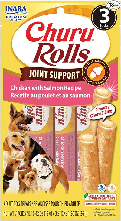 INABA Churu Rolls Joint Support for Dog, Functional Lickable Dog Treat with Taurine & Green Tea Extract, 1.26oz Each, 18 Tubes Total, Chicken with Salmon Recipe