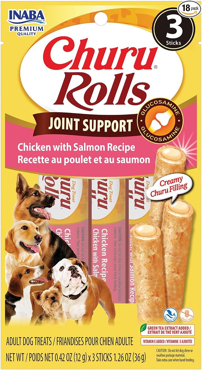 INABA Churu Rolls Joint Support for Dog, Functional Lickable Dog Treat with Taurine & Green Tea Extract, 1.26oz Each, 18 Tubes Total, Chicken with Salmon Recipe