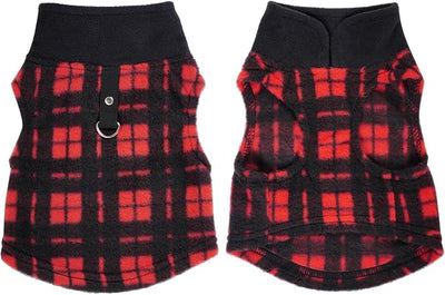 Rbenxia 1 PC Plaid Dog Sweaters with Leash Ring Soft Fleece Vest Dogs Pullover Warm Jacket Pet Dogs Clothes Winter Dog Outfits for Small Puppy Cat Pets (Black and Red, Small)