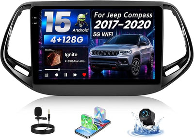 [4+128G] Android 15 Car Radio Stereo for Jeep Compass 2017-2020 with Wireless Carplay&Android Auto,10.1 Inch Touch Screen Car Radio with Mirror Link Bluetooth FM/RDS WiFi GPS EQ SWC+AHD Backup Camera