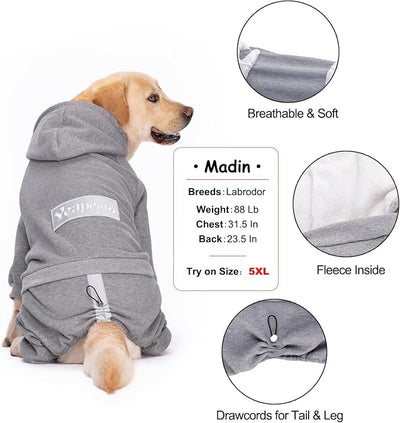 Dog Hoodies Winter Coat for Large Medium Dogs, Pullover 8 Legs Warm Coat Hooded Sweatshirt, Fleece Hoodie for Cold Weather (Grey, 5X-Large)