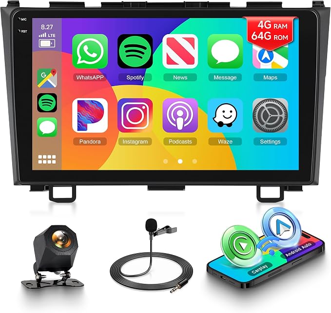 4G+64G Android Car Radio for Honda CRV 2007-2011 with Wireless CarPlay Android Auto, 9” Incell Touchscreen Car Stereo Mirror Link GPS Navigation WiFi Bluetooth FM RDS EQ SWC Backup Camera