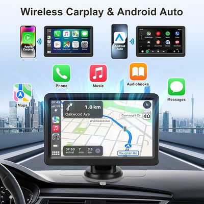Carplay Screen for Car, 7" Wireless Carplay & Android Auto, Portable HD Touchscreen with Mirror Link, GPS Navigation, Voice Control, Hands-Free Calling, Bluetooth/AUX/FM, Plug & Play Car Play Screen