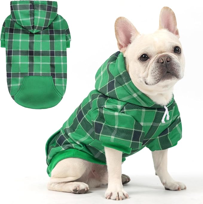 KOOLTAIL Plaid Dog Hoodie for Small Medium Large Dogs - Pet Clothes Sweater with Hat and Pocket for Cold Weather Winter, Warm Soft Dog Hooded Sweatshirt Coat Outfit for Puppy Cats Girls Boys Green SM