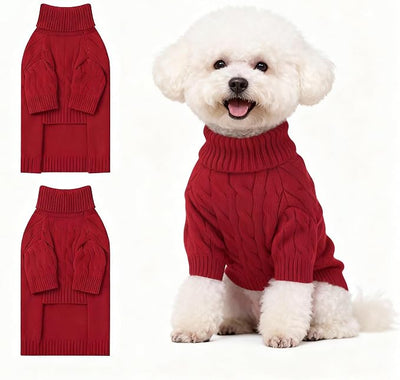 Small Dog Thermal Pullover Sweater, Classic Turtleneck Cable Knitwear Dog Clothes for Cold Weather Warm Pet Clothes for Chihuahua, Bulldog, Dachshund, Pug Red Medium