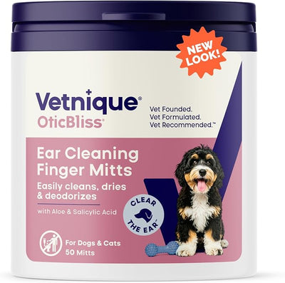 Vetnique Oticbliss Dog Ear Wipes, Cat & Dog Finger Mitt Ear Cleaner, Cleaning & Deodorizing Wipes for Dogs, Cats & Puppies, Remove Ear Wax, Dirt & Odor, Aloe for Itchy Ears (Fingermitt Wipes)