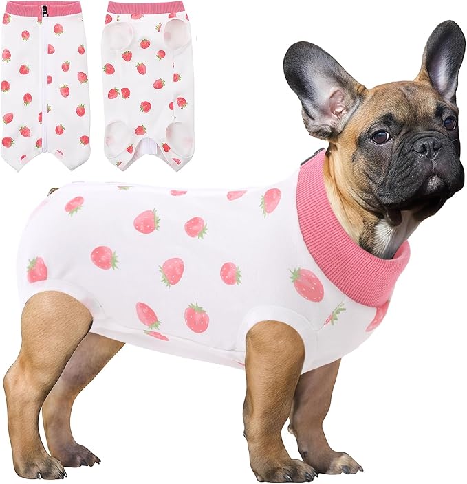 SAWMONG Recovery Suit for Dogs Female Male Zipper, Pink Strawberry Dog Onesie Body Suit After Surgery Spay Neuter, Cotton Breathable Dog Surgical Suit Pet, Substitute Dog E-Collar Cone, S