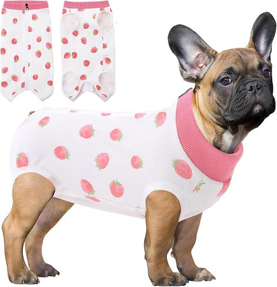 SAWMONG Recovery Suit for Dogs Female Male Zipper, Pink Strawberry Dog Onesie Body Suit After Surgery Spay Neuter, Cotton Breathable Dog Surgical Suit Pet, Substitute Dog E-Collar Cone, M