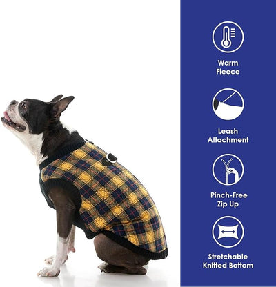 Gooby Fashion Vest Check Dog Jacket - Yellow Check, Large - Warm Zip Up Bomber Vest Dual D Ring Leash - Winter Water Resistant Sweater - Clothes for Small or Medium Dogs